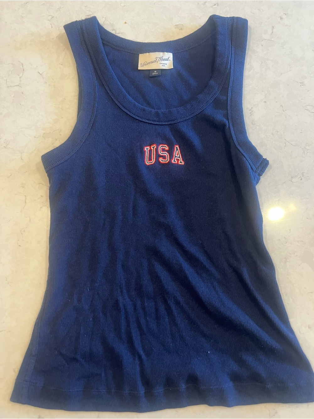 Universal Thread Navy Ribbed Tank with Red USA Embroidery